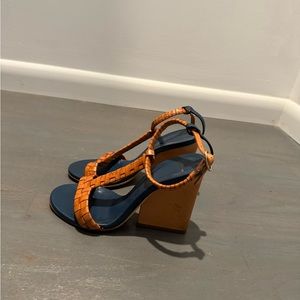 Bally Navy and Tan Woven Leather Block Heel Sandals